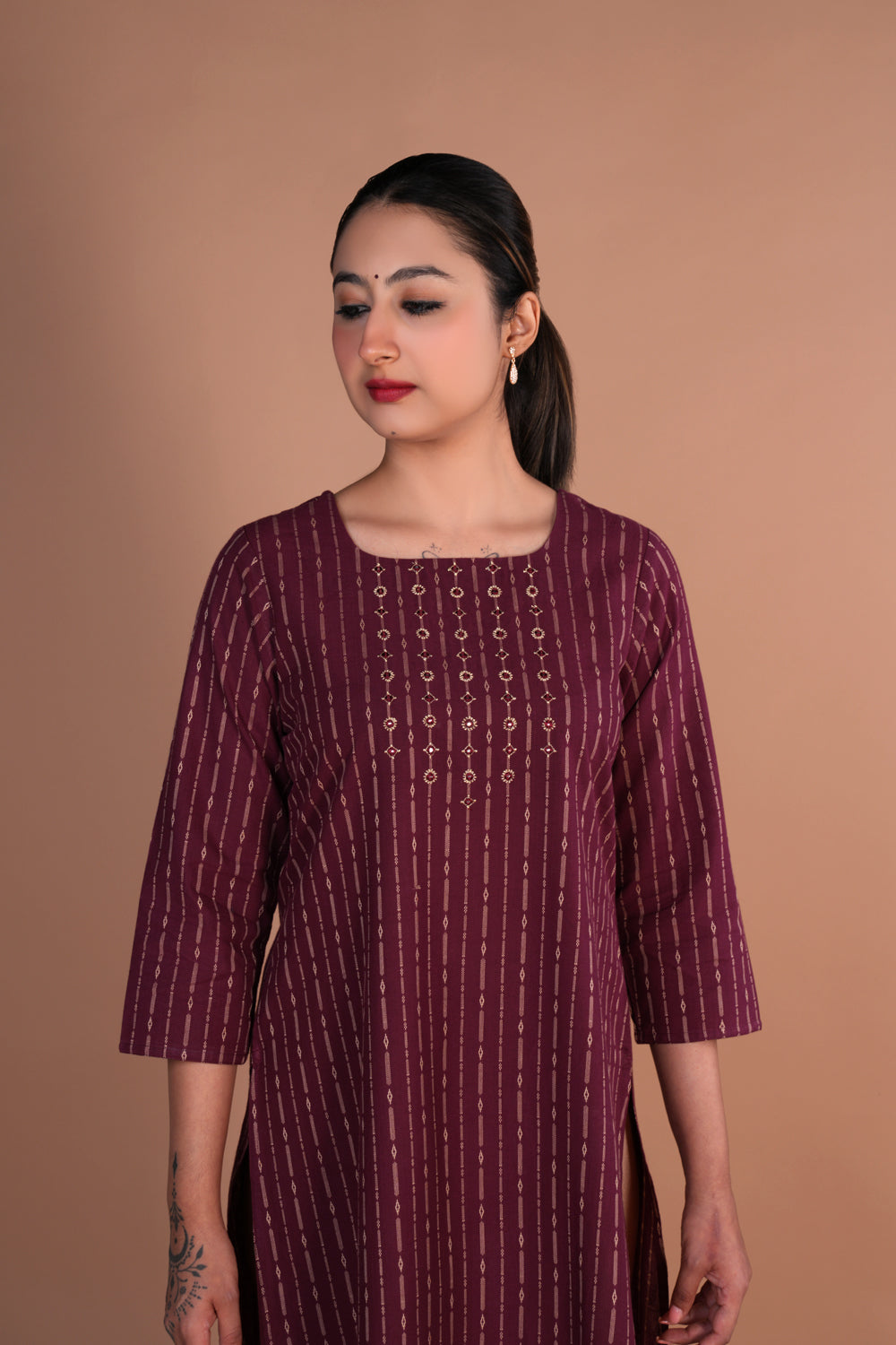 Image of Magenta maroon cotton embroidered Kurti